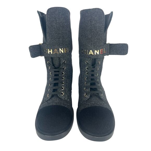 Chanel 2021 Interlocking CC Cap Toe Tweed Logo Combat Boots - Picture 5 of 16